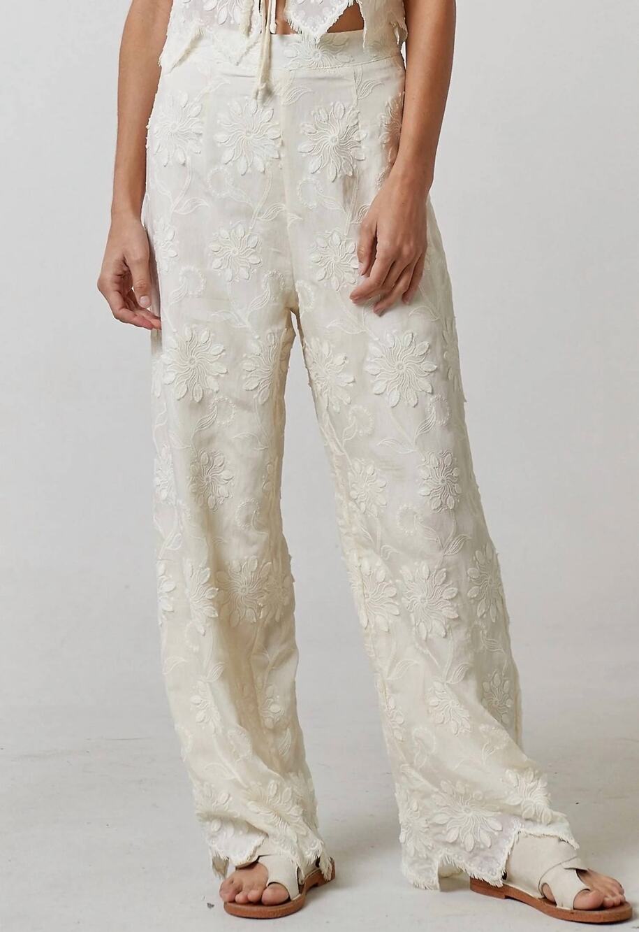 Lalavon Floral Embroidery Wide Leg Cream Neutral Trouser Pants-Size L